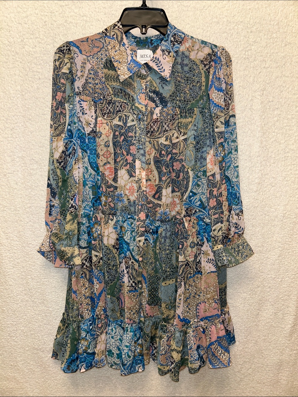 Misa Los Angeles Blue, Green & Pink Floral Patchwork Long-Sleeve Dress